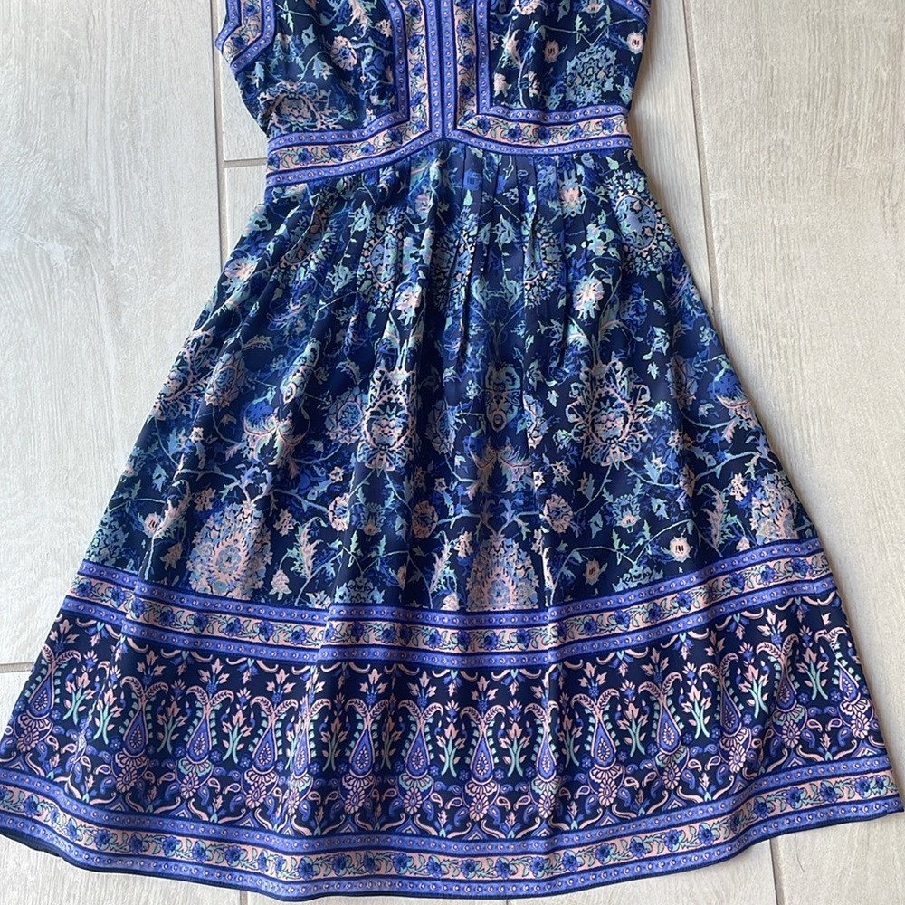 Rebecca Taylor Blue Boho Floral Silk V-Neck Fit & Flare Dress Size 0 - Picture 5 of 13
